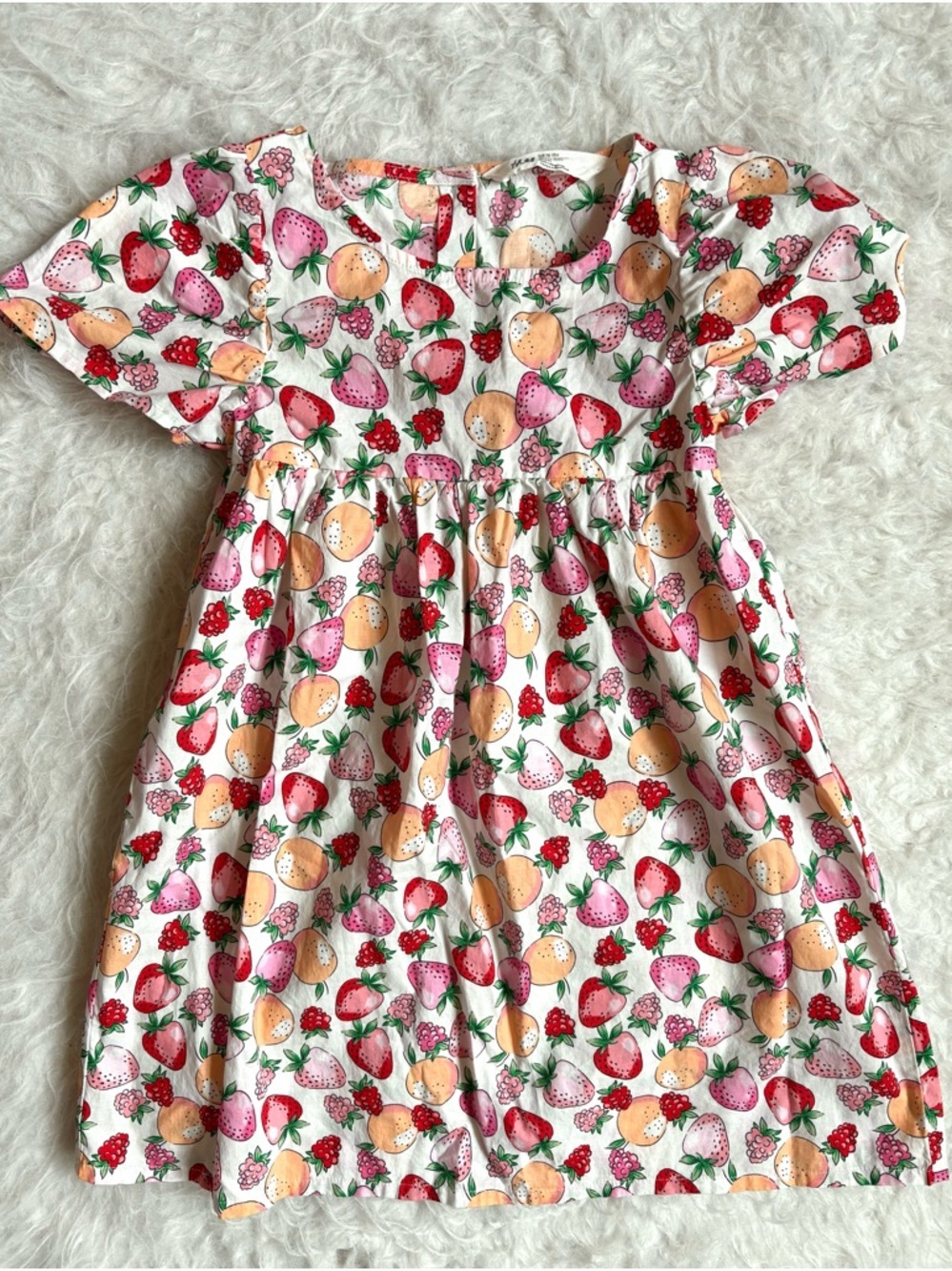 H&M Girls White Cotton Cottagecore Dress with Pink, Red & Peach Fruit AOP